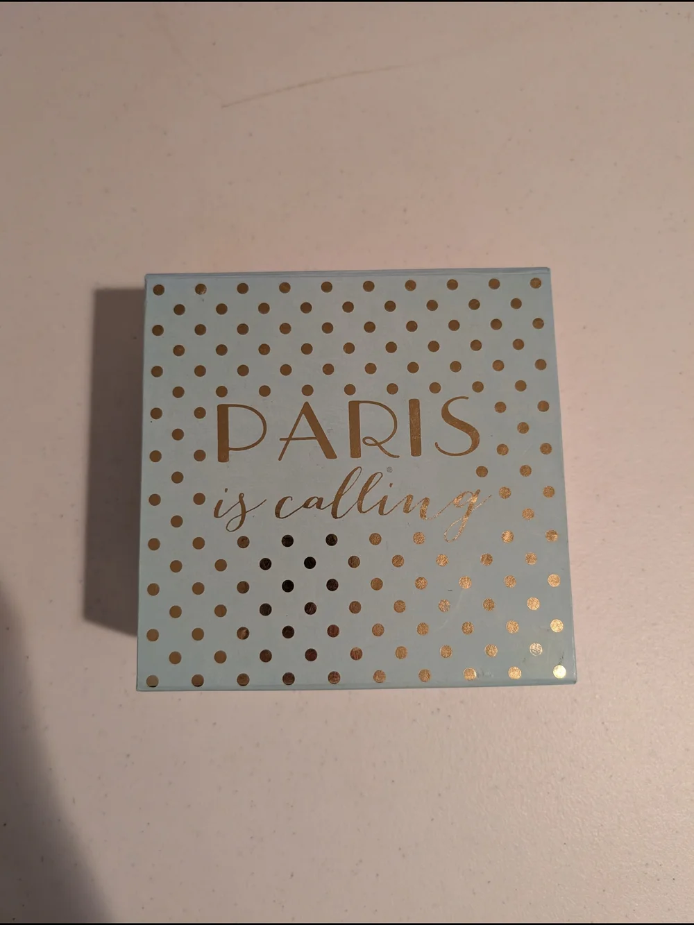 'Paris Is Calling' Light Blue Trinket Box with Gold Foil Polka Dots